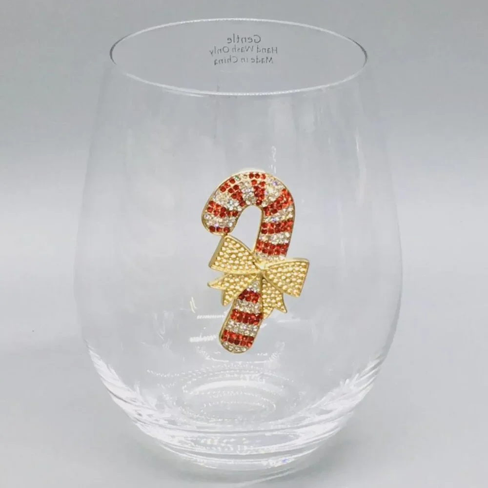 x4 Rhinestone Candy Cane Stemless Wine Glass Set Red Gold Bow Christmas Holidays